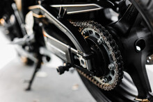 Motorcycle Rear Wheel With Brake Disc Close-up.