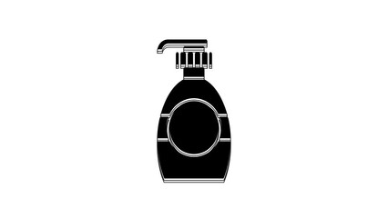 Sticker - Black Bottle of liquid antibacterial soap with dispenser icon isolated on white background. Disinfection, hygiene, skin care concept. 4K Video motion graphic animation