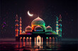 illustration of neon colors mosque with high minaret on the night . AI
