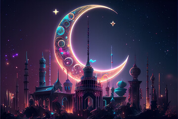 Wall Mural - illustration of neon colors mosque with high minaret on the night . AI