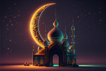 illustration of neon colors mosque with high minaret on the night . ai