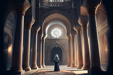 illustration of woman in hijab praying in the mosque . AI