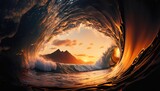 Fototapeta Natura - Wave tunnel golden hour ocean beach sun created with AI