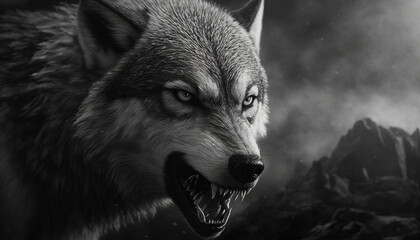 Wall Mural - greyscale closeup shot of an angry wolf with a blurred background generative ai
