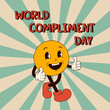 World compliment day concept. Retro groovy smiling character with thumbs up in 60s 70s cartoon flat style.