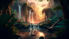 Generative Ai Illustration Of Tropical Rainforest With Waterfalls In Sunset, Depth Of Field