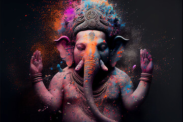 illustration of ganesha in holi dust splash on black background