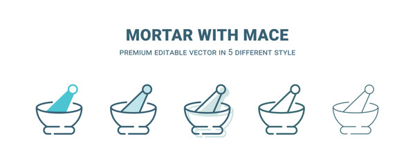 mortar with mace icon in 5 different style. Outline, filled, two color, thin mortar with mace icon isolated on white background. Editable vector can be used web and mobile