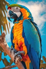 A Close-up, Of A Colorful Macaw, Perched On A Tree. Generative Ai.