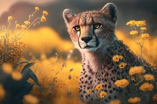 Cheetah In The Middle Of A Beautiful Yellow Wild Flower Field Generative Ai
