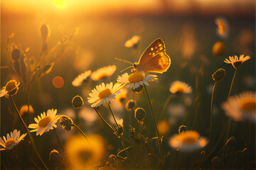field of daisies in golden rays of the setting sun in spring summer nature with an orange butterfly 