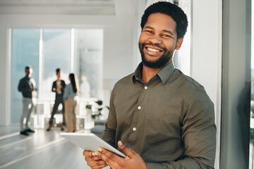 Portrait, digital tablet and black man in office happy, smile and empowered, ambition and mindset. Face and business man or ceo at startup company for management or online project at workplace