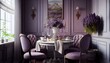 Stilvolles Esszimmer-Innendesign mit lavendel- und fliederfarbenen Sesseln, einem atemberaubend gestalteten Holztisch und bezaubernden persönlichen Accessoires. Ideen für luxuriöses, generative ai