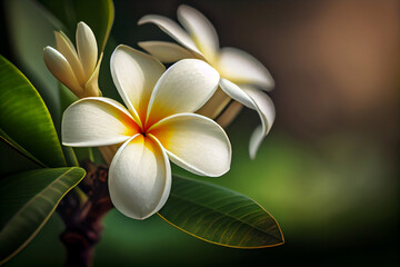 Wall Mural - White Frangipani flower Plumeria alba with green leaves, AI Generated