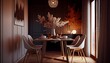 kleines Esszimmer Interieur warme Sandfarben, generative ai, gemütliches elegantes Anwesen, modisches Zimmer, horizontales Innenlayout aus Hartholz,