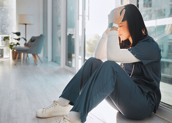 Poster - Nurse, depression and woman with stress in hospital after loss, grief or bad news in clinic. Mental health, healthcare and sad female medical physician with burnout, anxiety or headache after nursing