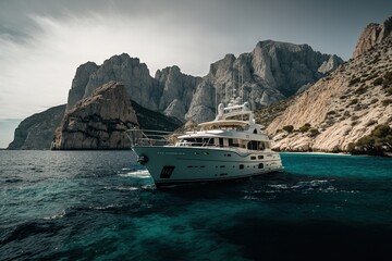 Wall Mural - White superyacht in the bay. Generative AI.	