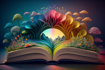 illustration of a magical book that contains fantastic stories - ai generative