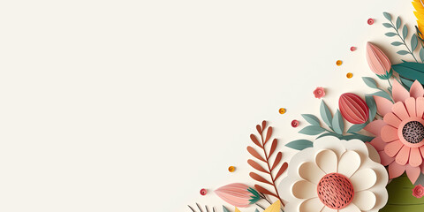 Wall Mural - Horizontal flower banner or floral backdrop decorated with gorgeous multicolored blooming flowers and leaves border. floral corner frame and space for text