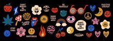 Vector Groovy Psychedelic Smiley Faces. Set Of Cool Trippy Mascot Faces. Bright Social Media Emoticons. Positive Vibes Funky Hippie Emotion Stickers. Different Emotions Faces. Acid Weed Mushroom Icons