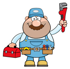 Handyman Cartoon Character With Wrench And Tool Box. Hand Drawn Illustration Isolated On Transparent Background