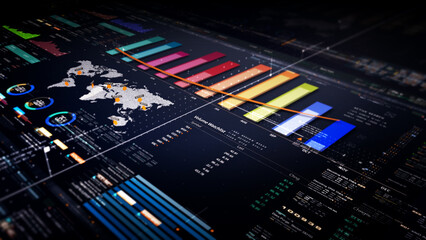 Fototapete - Business stock market, trading, info graphic with animated graphs, charts and data numbers insight analysis to be shown on monitor display screen for business meeting mock up theme