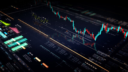 Fototapete - Business stock market, trading, info graphic with animated graphs, charts and data numbers insight analysis to be shown on monitor display screen for business meeting mock up theme