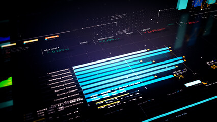 Fototapete - Business stock market, trading, info graphic with animated graphs, charts and data numbers insight analysis to be shown on monitor display screen for business meeting mock up theme