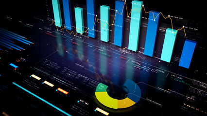 Aufkleber - Business stock market, trading, info graphic with animated graphs, charts and data numbers insight analysis to be shown on monitor display screen for business meeting mock up theme