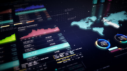 Fototapete - Business stock market, trading, info graphic with animated graphs, charts and data numbers insight analysis to be shown on monitor display screen for business meeting mock up theme