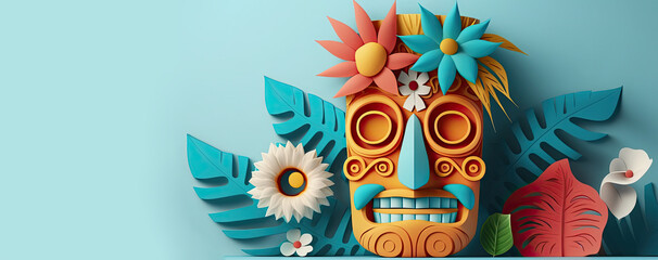 Wall Mural - tiki festival background with copy space for text, 3d with papercut style, tiki mask, festival banner