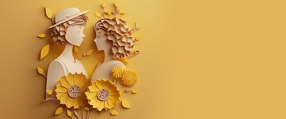 Wall Mural - two cute womans friendship day with empty space for text, paper cut two cute womans friendship day with copy space text on orange background