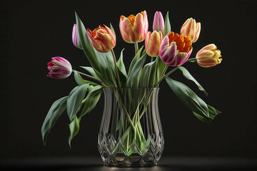 Poster - bouquet of colorful tulips in glass vase on black background