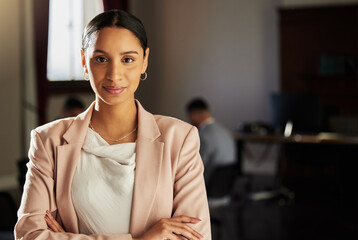 Law firm portrait, legal or woman confident for business work, consultation mockup or contract negotiation meeting. Justice advisor, government or mock up leader, lawyer or attorney with crossed arms