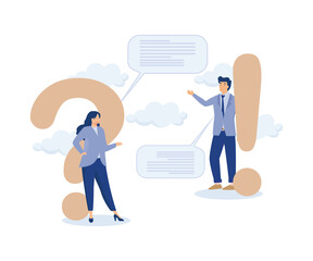 Question and answer, brainstorm conversation or quiz concept, businessman and woman ask and answer questions, modern flat vector illustration