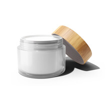 Blank Cosmetic Cream Jar With Bamboo Lid Isolated On Transparent Background, Prepared For Mockup, 3D Render.