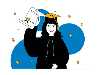 Poster - Education concept with character situation. Happy student in graduation gown and cap receiving diploma certificate at festive ceremony. Illustrations with people scene in flat design for web