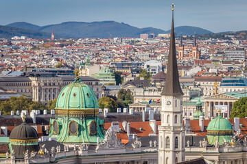 Wall Mural - Panoramic view of Vienna cityscape with Cathedral and roofs from above, Austria