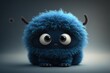 cute fluffy monster. little blue monster with big eyes, looks into the frame, interest, horns, character, gray background, toy, illustration, high resolution. Characters concept. AI
