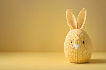 Knitted stuffed yellow easter bunny on yellow background, pastel tones, card, copy space, generative ai