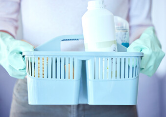 Sticker - Woman, hands and cleaning tools in basket for housekeeping or detergent with latex gloves at home. Hand of female cleaner with bucket of clean chemicals for domestic work, dirt removal and hygiene