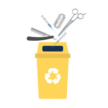 Sharps Disposal With Dustbin And Dangerous Medical Products And Medical Waste With Hospital Garbage, Recycle Bin And Wastes That Can Be Recycled. Medical Wastes By Yellow Sharp Disposal Dustbin Trolly