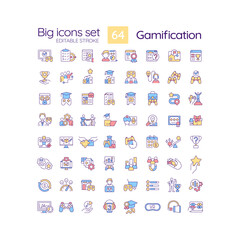 Wall Mural - gamification rgb color icons set. improve users motivation via game playing. digital technology. iso