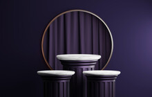 Ancient Greek Style Marble Columns, Classic Dark Purple Border On Arched Background And Dark Purple Curtains