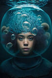 Fototapeta Miasta -  Generative Illustration AI of a woman wearing fishbowl  with fish and jelly fish on her head, in deep water, abstract concept art of  Schizophrenia, State of Mind, confusing identity