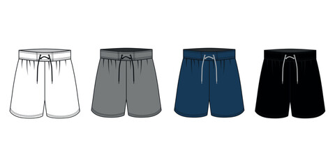Wall Mural - Set of vector drawings of sports shorts on a drawstring in blue, gray, black, white colors. Sports shorts template, front and back view. Shorts for football, tennis, boxing, fitness, swimming, etc.