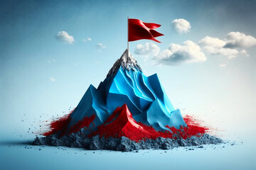 High mountain, ribbon, clouds, red flag on the mountain peak. Generative AI