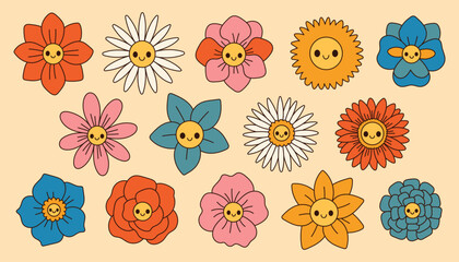 Wall Mural - Groovy flowers set. Retro 70s smiling face flowers graphic elements isolated collection. Retro vintage flowers