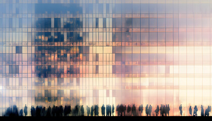 Abstract image of many business people together in group on background of city view with office building. AI generative