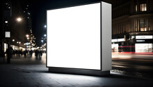 Empty Space Advertisement Board, Blank White Signboard On Roadside In City, Square Blank Billboard In City In Night Time, 
